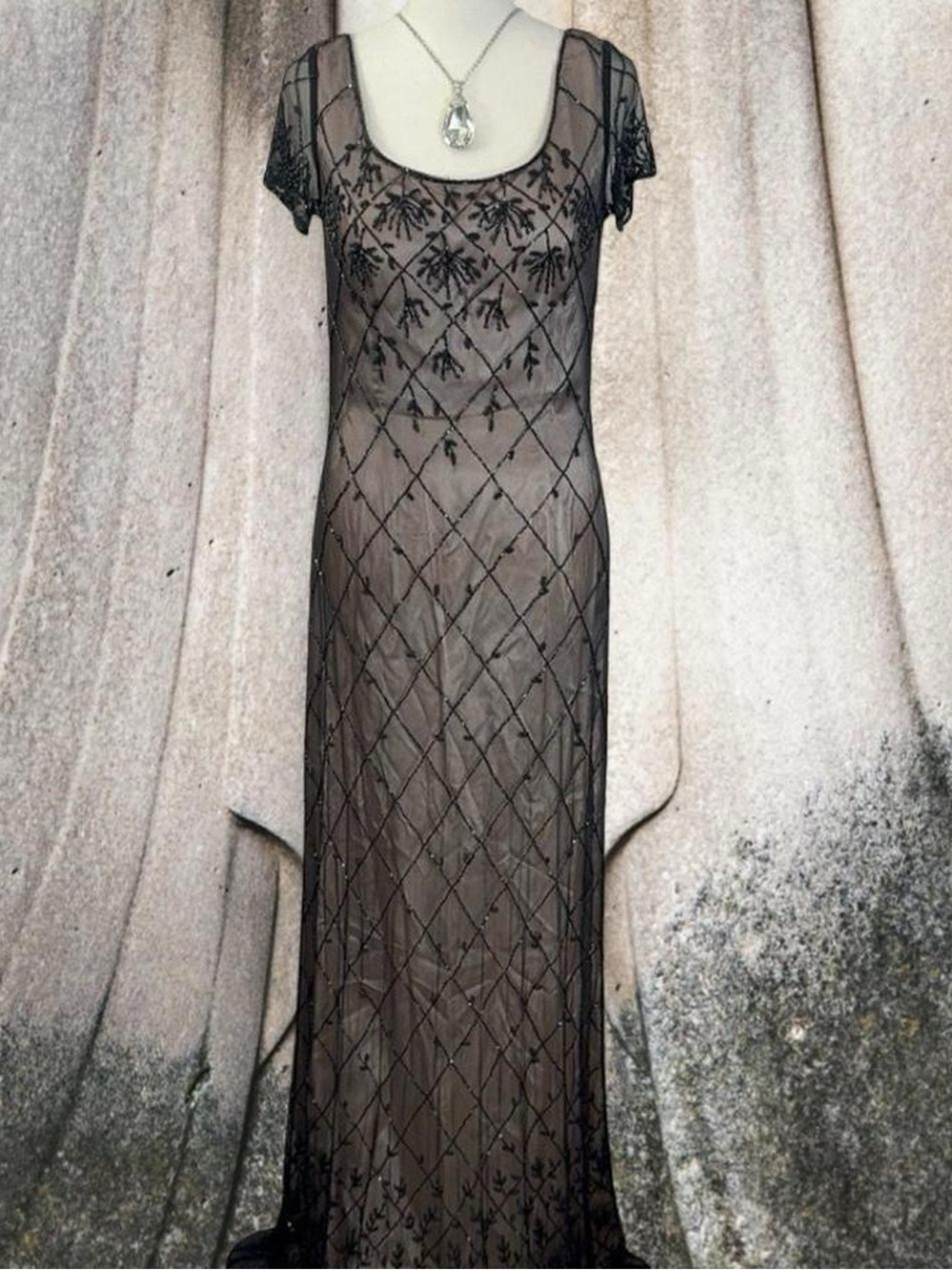 Vintage 90s Beaded Mesh Gown Size 10 Art Deco Gothic Formal Dress Romantic Goth